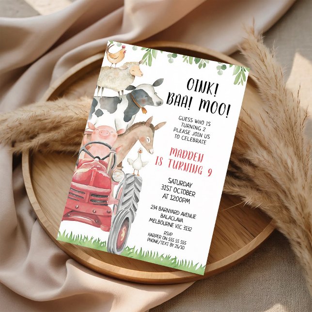 Red Tractor Farm Animals 2nd Birthday Invitation (Creator Uploaded)