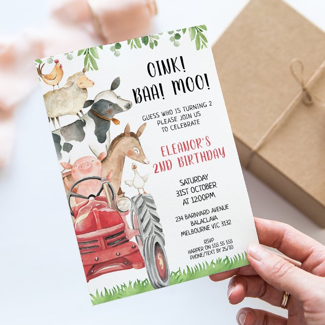Red Tractor Farm Animals 2nd Birthday Invitation (Cute farm themed birthday invitation featuring a red tractor various cute farm animals and foliage.)