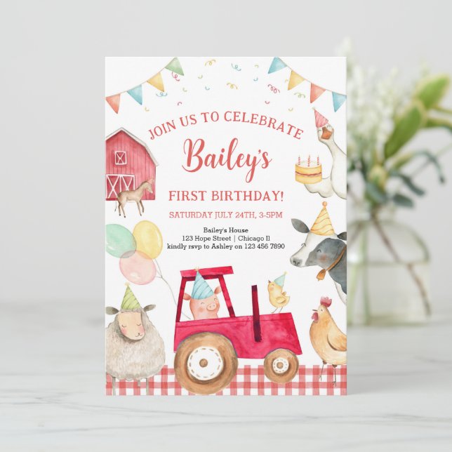 Red Tractor Farm Animals Barnyard 1st Birthday  Invitation (Standing Front)