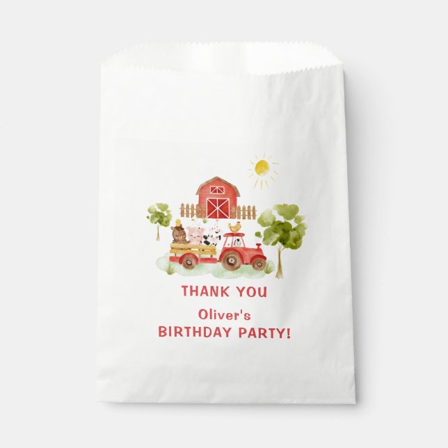 Red tractor farm animals birthday party favour bag (Front)
