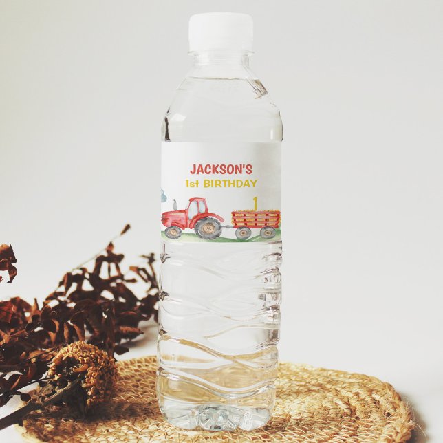 Red Tractor Farm Birthday Water Bottle Label (Creator Uploaded)