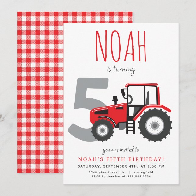 Red Tractor Fifth Birthday Invitation (Front/Back)