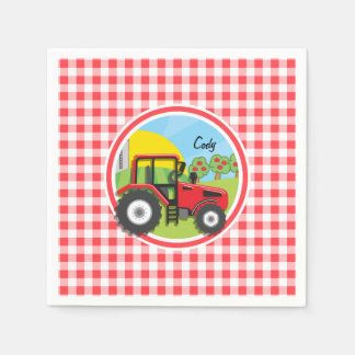 Red Tractor on Red and White Gingham Napkin