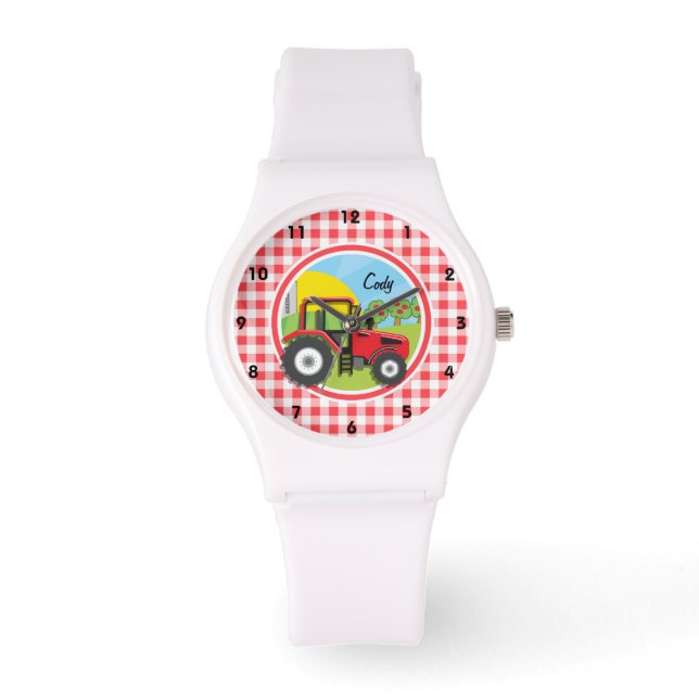 Red Tractor on Red and White Gingham Watch (Front)