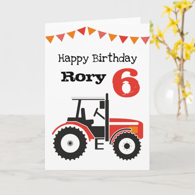 Red Tractor Personalised Age Birthday Card (Yellow Flower)