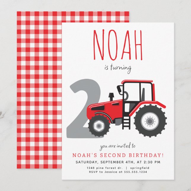 Red Tractor Second Birthday Invitation (Front/Back)