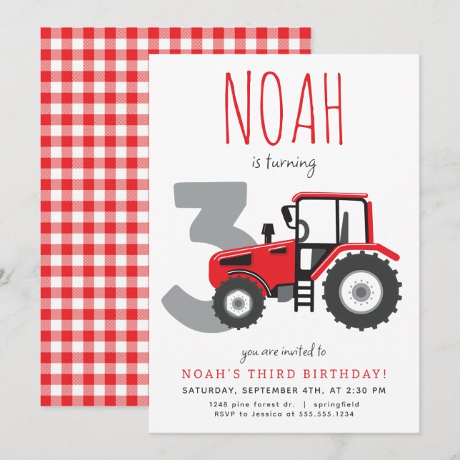 Red Tractor Troisième Invitation d'anniversaire (Devant / Derrière)