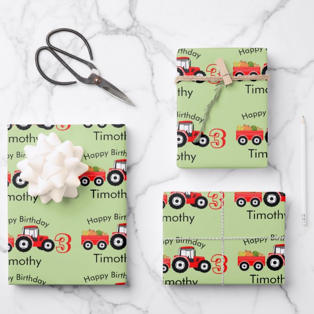 Red Tractor Truck Farm Produce Name & Age  Wrapping Paper Sheet (Front)
