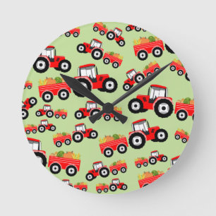 Red Tractor Truck Farm Produce Round Clock
