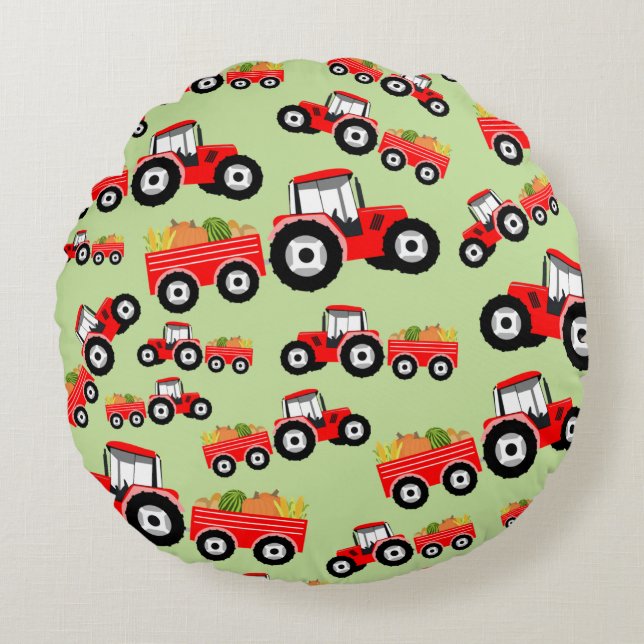 Red Tractor Truck Farm Produce Round Pillow (Front)