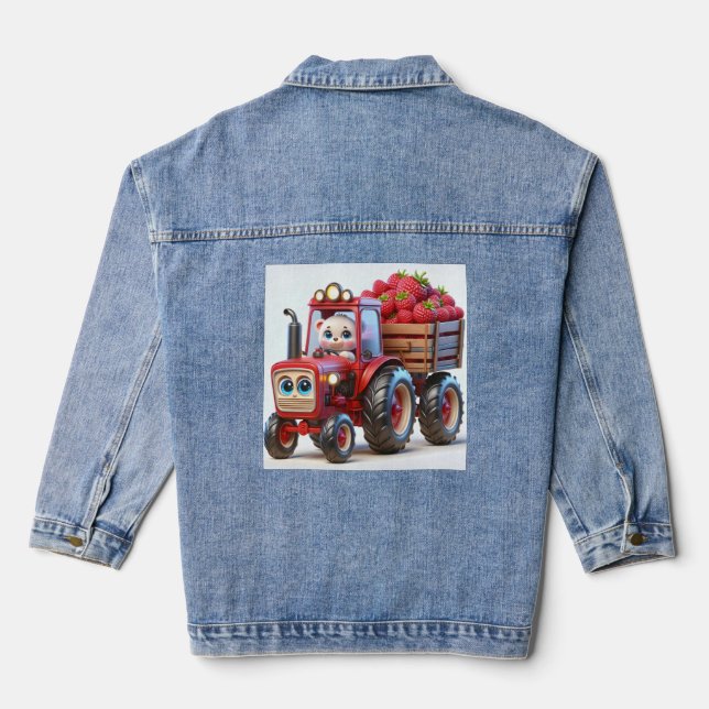Red Tractor with Bear and Raspberries Baby Denim Jacket (Back)