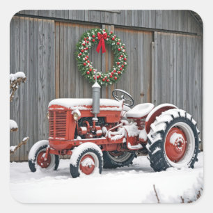 Red Tractor With Christmas Wreath Square Sticker