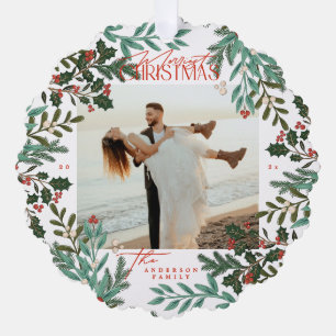 Red Traditional Botanical Christmas photo Ornament Card