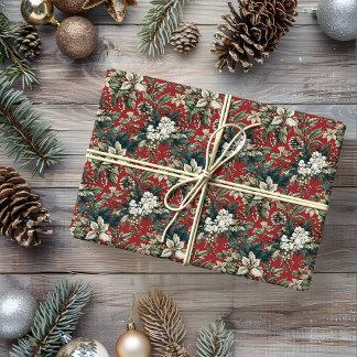 Red Traditional Christmas Floral and Pinecone Wrapping Paper