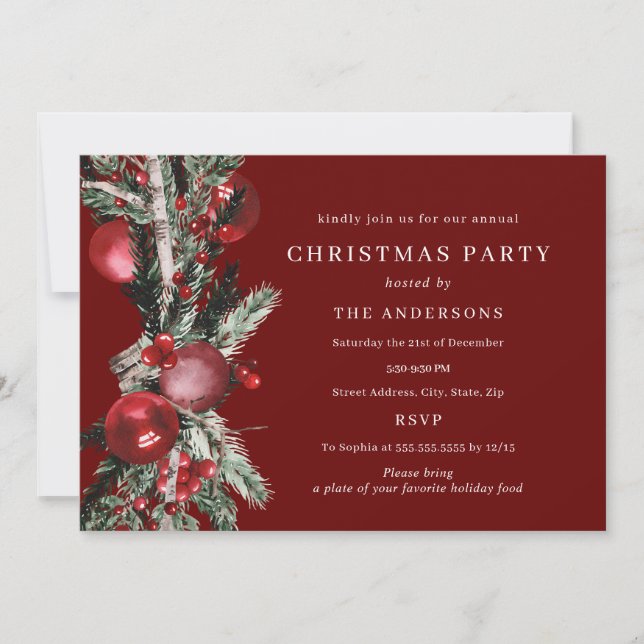 Red Traditional Foliage Christmas Party Invitation (Front)