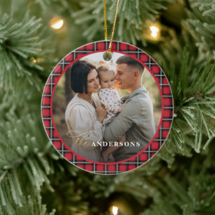 Red traditional tartan personalized christmas ceramic ornament