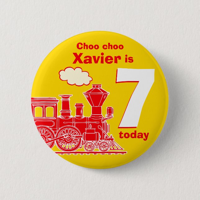 Red train birthday name and age yellow badge 2 inch round button (Front)