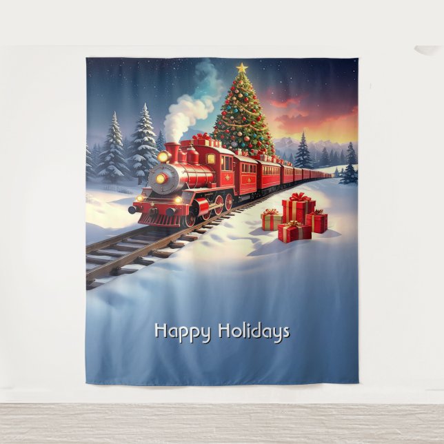 Red Train Christmas Tree Holiday Backdrop Tapestry (Front)