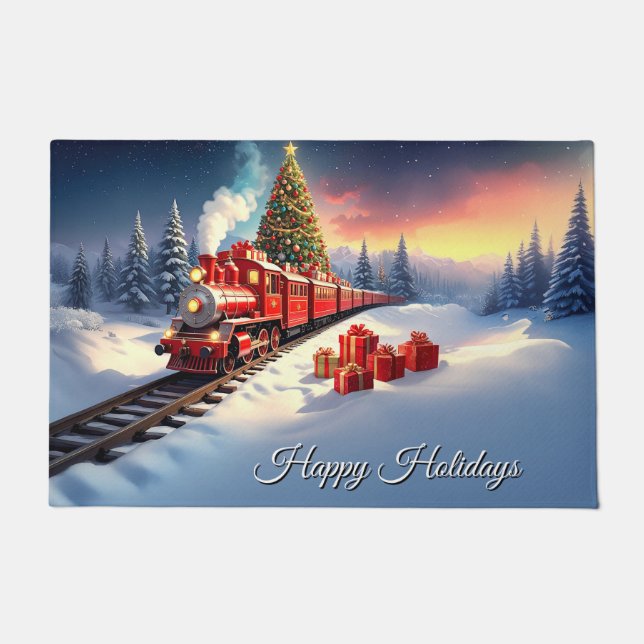 Red Train Christmas Tree Holiday Doormat (Front)