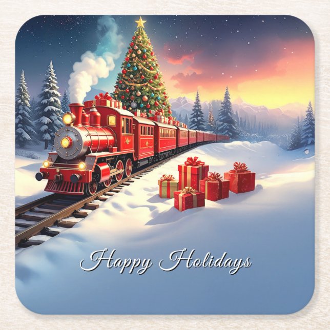Red Train Christmas Tree Holiday Paper Coaster (Front)