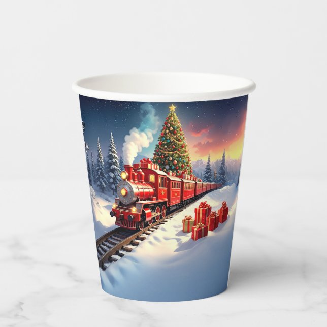 Red Train Christmas Tree Holiday Paper Cups (Back)