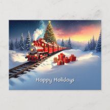 Red Train Christmas Tree Holiday Postcard