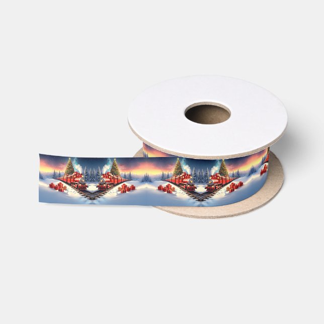 Red Train Christmas Tree Holiday Satin Ribbon (Spool)