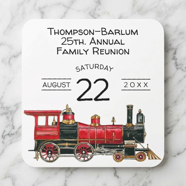 Red Train Family Reunion Square Sticker (Red Train Family Reunion Invitation Square Sticker)