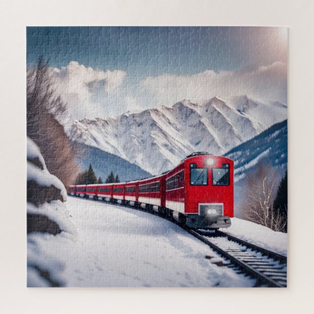 Red Train In Snowy Mountain Valley Jigsaw Puzzle (Vertical)