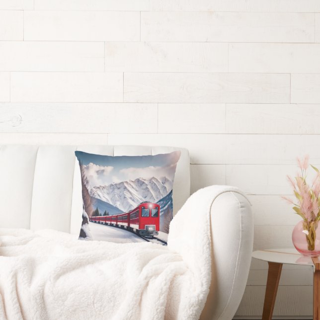 Red Train In Snowy Mountain Valley Throw Pillow (Couch)