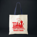 Red train kids named id library tote bag<br><div class="desc">Bright red train boys school library bag. Personalize with your child's name,  perfect for library or school. Currently reads Daniel's Books and Daniel on boiler plate. Uniquely designed by Sarah Trett.</div>