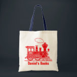 Red train kids named id library tote bag<br><div class="desc">Bright red train boys school library bag. Personalize with your child's name,  perfect for library or school. Currently reads Daniel's Books and Daniel on boiler plate. Uniquely designed by Sarah Trett.</div>