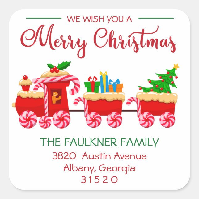 Red Train Merry Christmas Red and Green Address Square Sticker (Front)