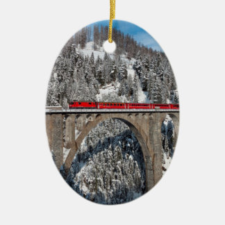 Red Train Pine Snow Covered Mountains Switzerland Ceramic Ornament