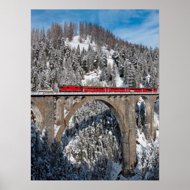 Red Train Pine Snow Covered Mountains Switzerland Poster (Front)
