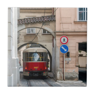 Red tramway in old town of Prague - Czech Republic Tile