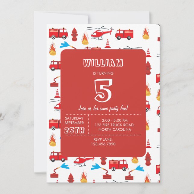 Red Transport Fire Truck Engine Birthday Party   Invitation (Front)