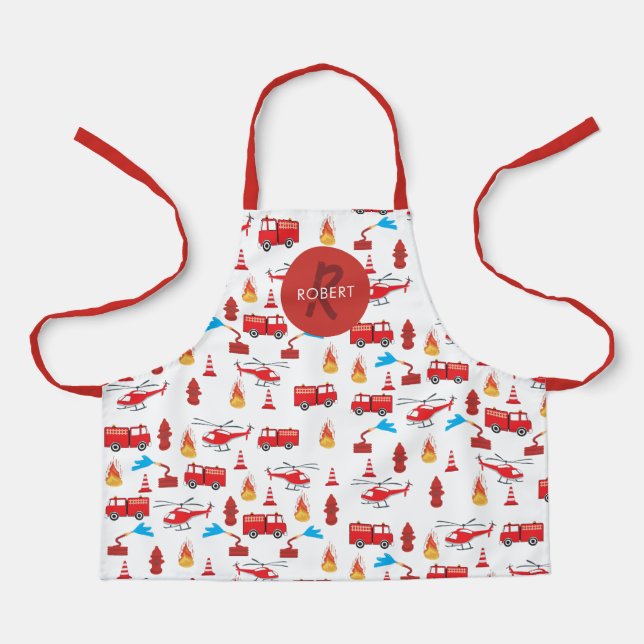 Red Transport Fire Truck Engine Brigade Monogram Apron (Front)