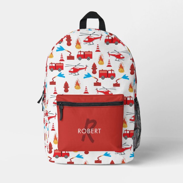 Red Transport Fire Truck Engine Brigade Monogram Printed Backpack (Front)