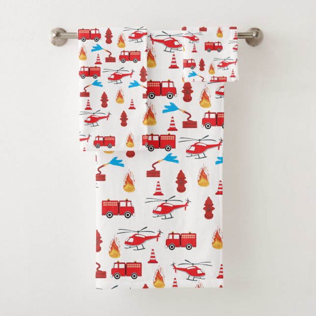 Red Transport Fire Truck Engine Brigade Pattern  Bath Towel Set (Insitu)