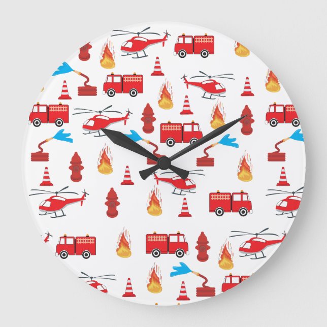Red Transport Fire Truck Engine Brigade Pattern  Large Clock (Front)
