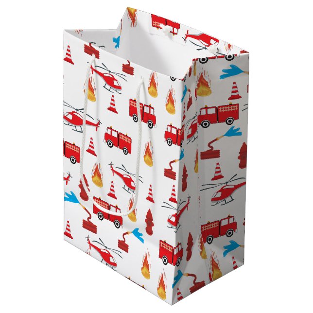 Red Transport Fire Truck Engine Brigade Pattern   Medium Gift Bag (Front Angled)