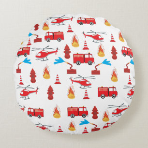 Red Transport Fire Truck Engine Brigade Pattern Round Pillow