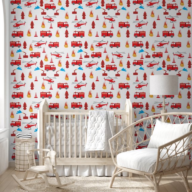 Red Transport Fire Truck Engine Brigade Pattern Wallpaper (Kids)