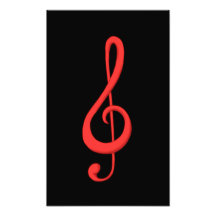 Red treble clef music illustration.