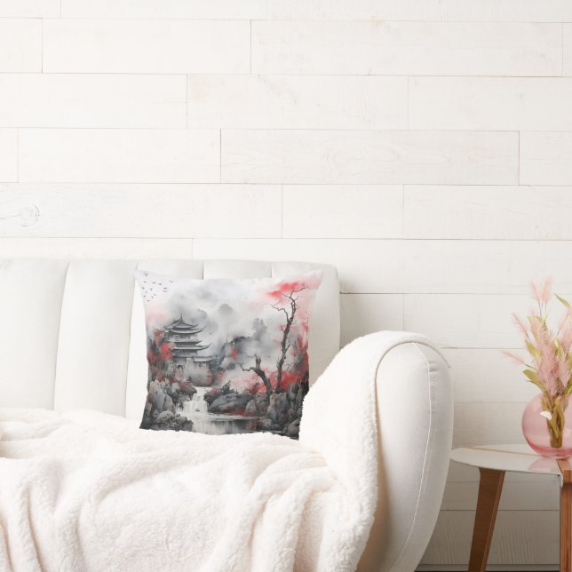 Red Tree and Asian House Throw Pillow (Couch)