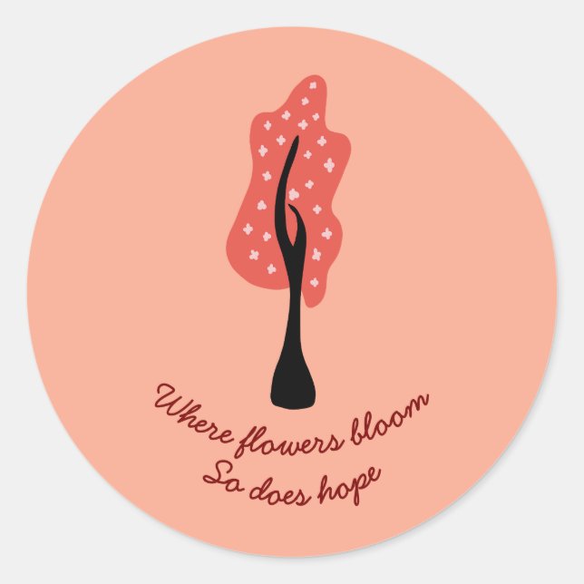 Red tree in blossom with pink flowers and quote classic round sticker (Front)