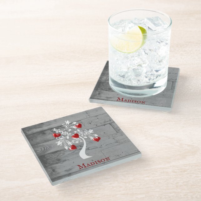 Red Tree of Hearts Personalized Glass Coaster (Angled)