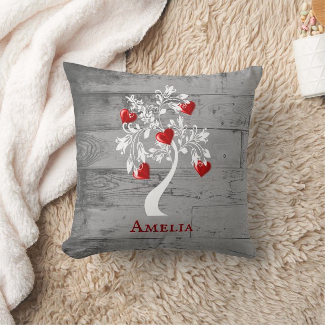Red Tree of Hearts Personalized Throw Pillow (Blanket)