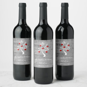 Red Tree of Hearts Wedding Wine Label